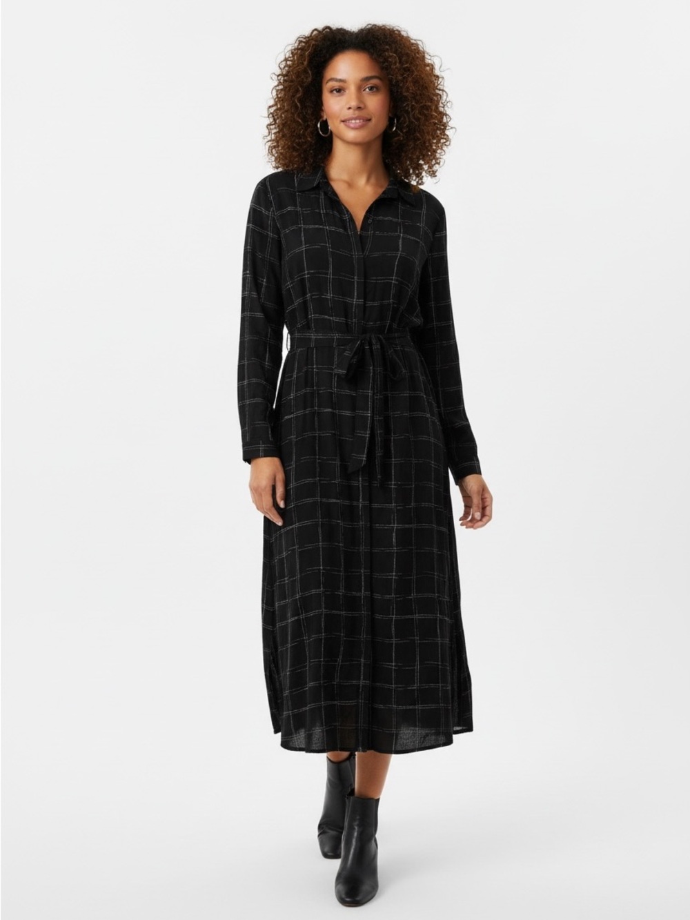 Cloth & Stone Black Windowpane Plaid Midi Shirt Dress